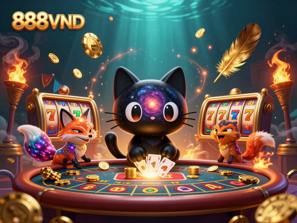 Experience the thrill of 888VND with a cosmic casino scene featuring colorful characters and vibrant elements.