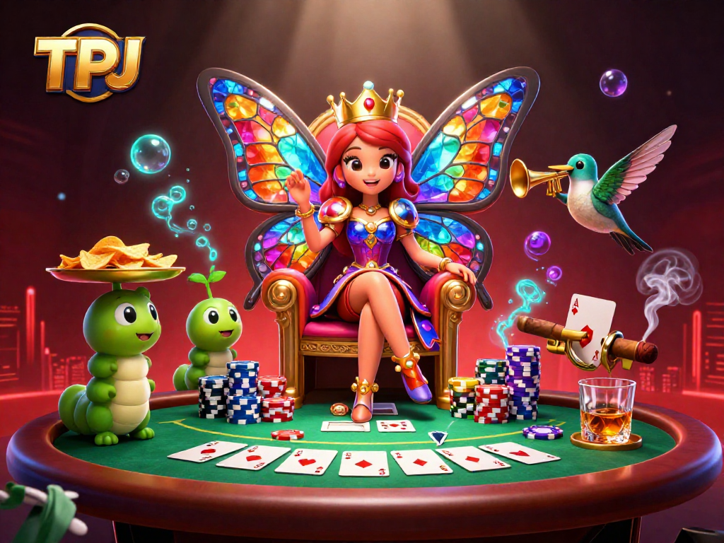Experience the enchanting scene of TPJ where a butterfly queen presides over a vibrant poker table, exuding magic and excitement.