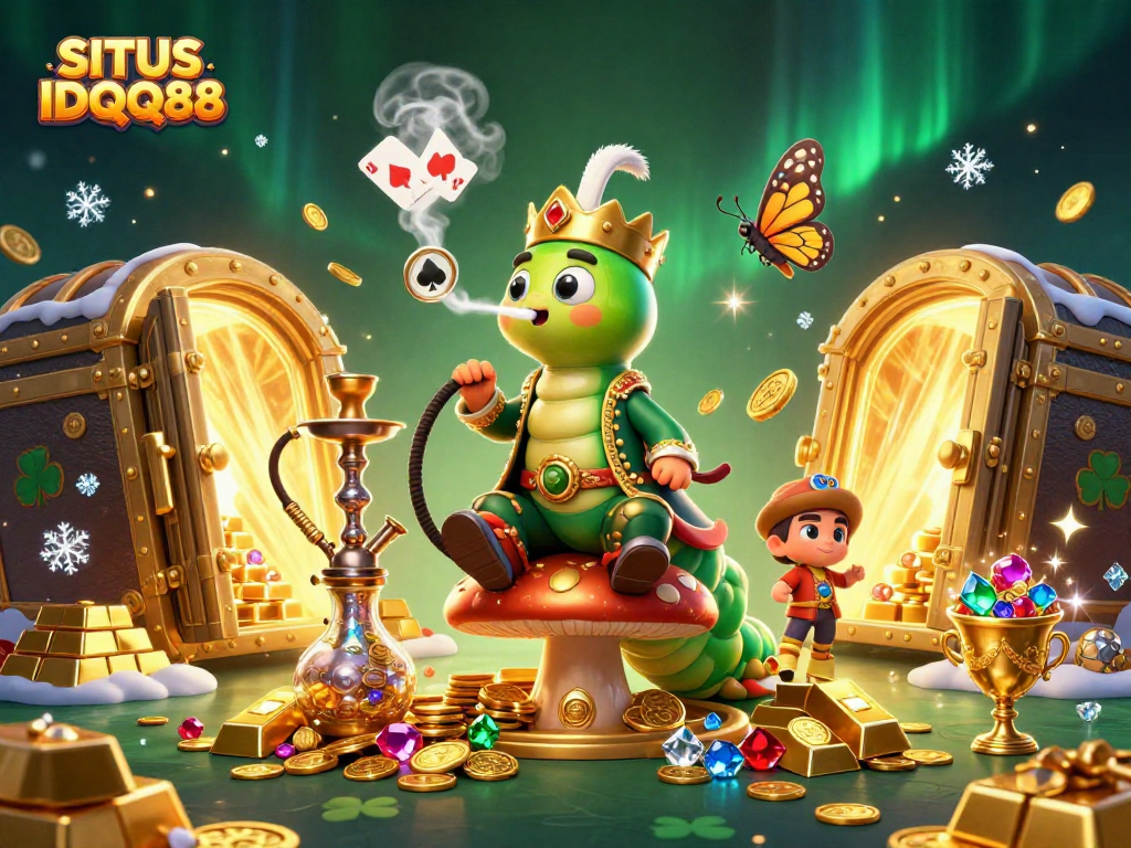 SITUS IDQQ88 showcases a vibrant 3D casino scene with a whimsical caterpillar, poker symbols, and treasure.