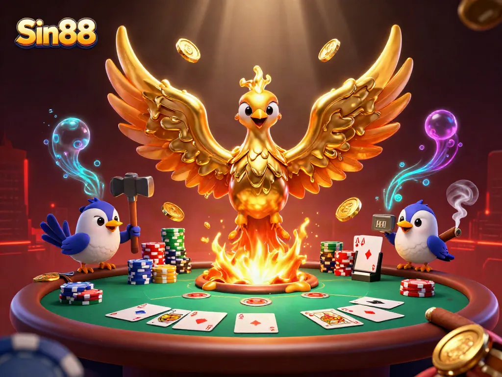Sin88 reveals exciting poker action with dynamic golden phoenix, chips, and cards in a vibrant casino scene.