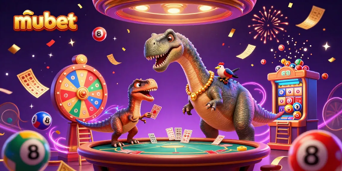 Experience excitement with mubet in this vibrant casino scene featuring a cartoon dinosaur and raptor.