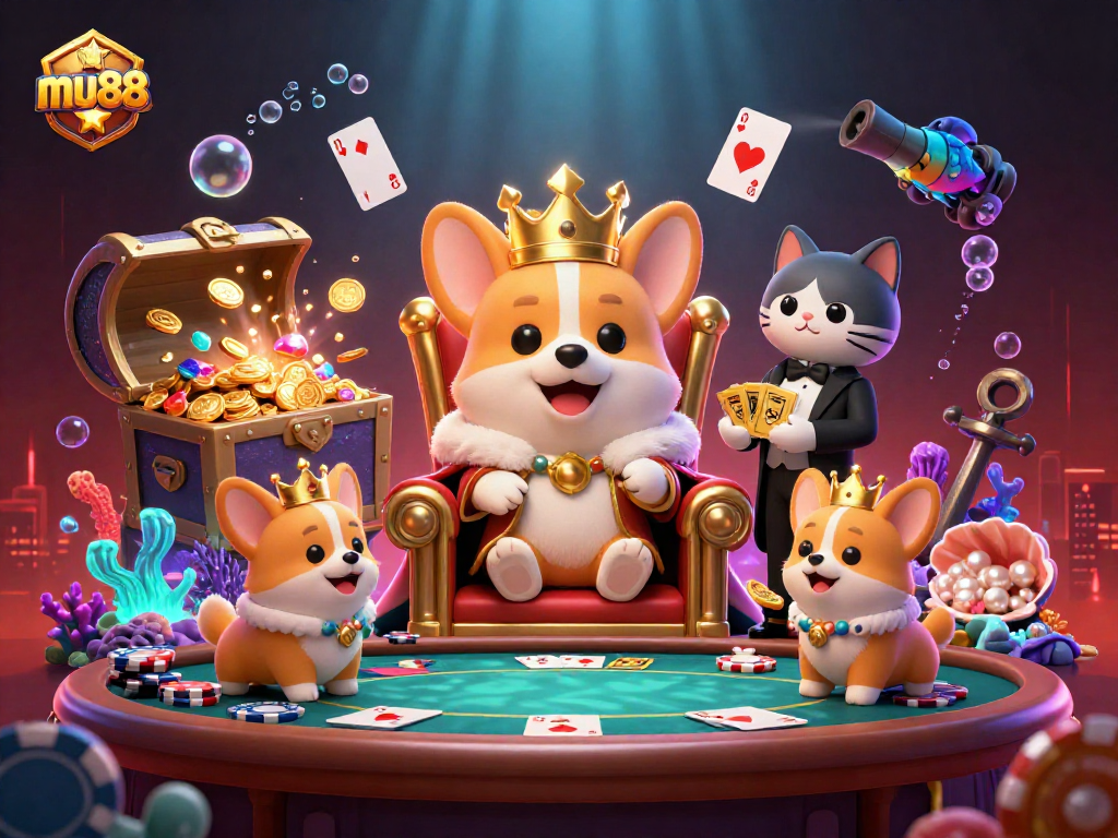 Experience exciting gambling with mu88 in a vibrant scene featuring a royal corgi and poker elements.
