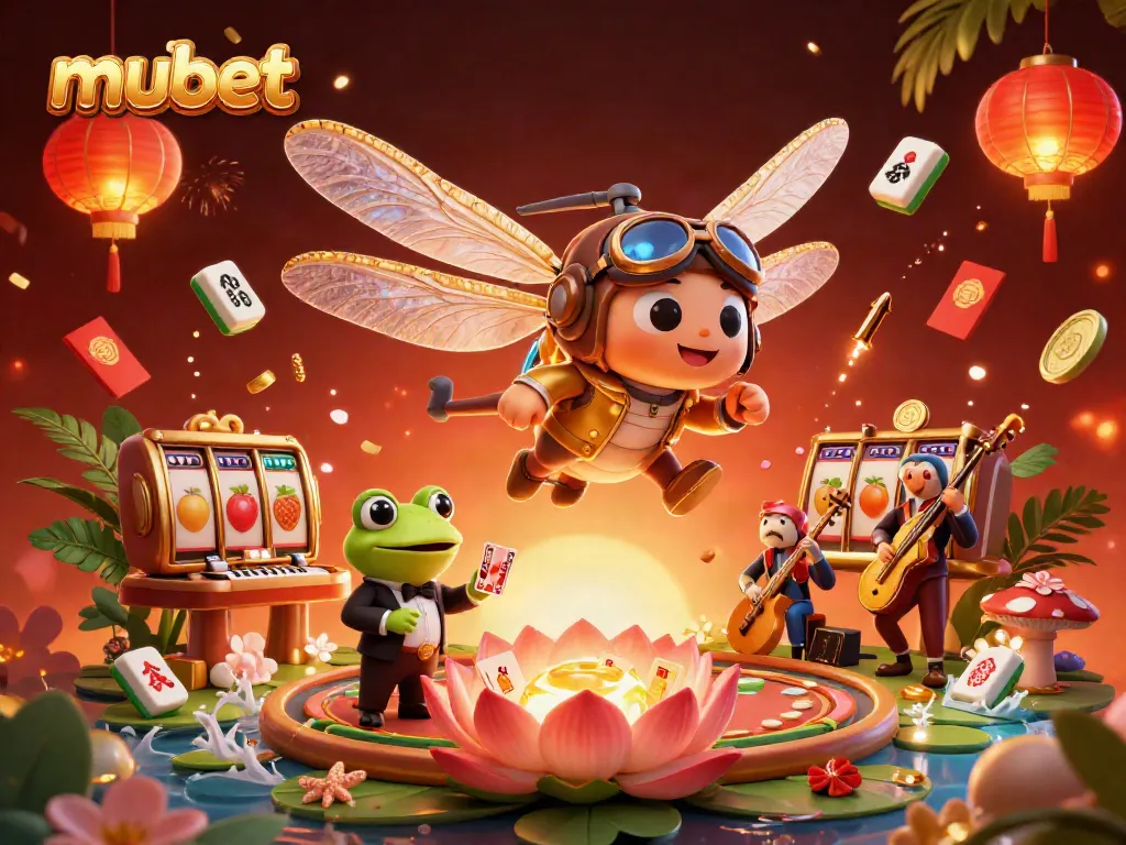 Experience the thrill of mubet with vibrant 3D casino action featuring a dragonfly pilot and frog croupier.
