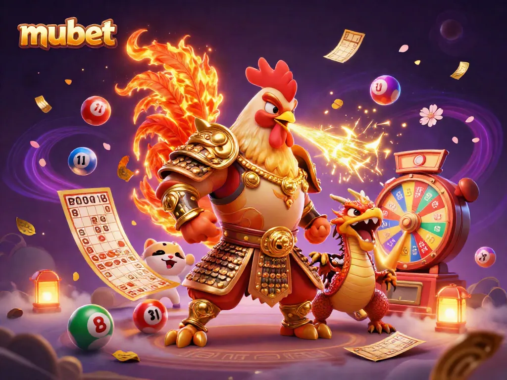 Experience the thrill of mubet with a dynamic scene featuring a fighting rooster, dragon hatchling, and fortune cat.