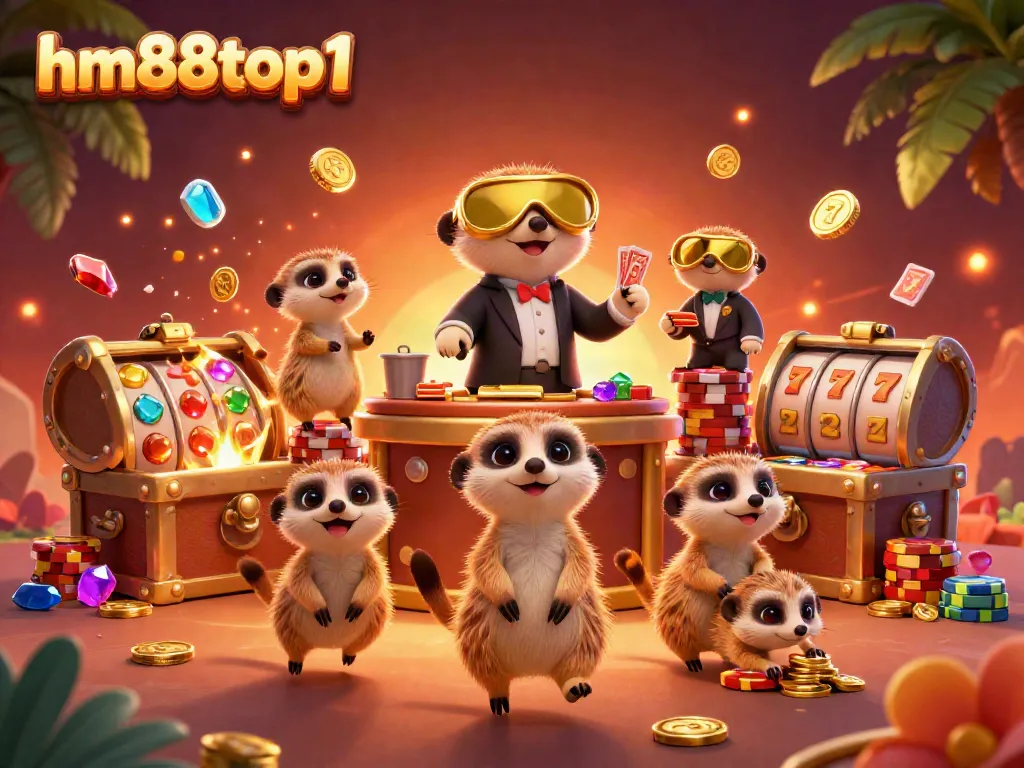 Experience the vibrant world of hm88top1's casino with playful meerkats, dynamic gaming elements, and engaging scenes.