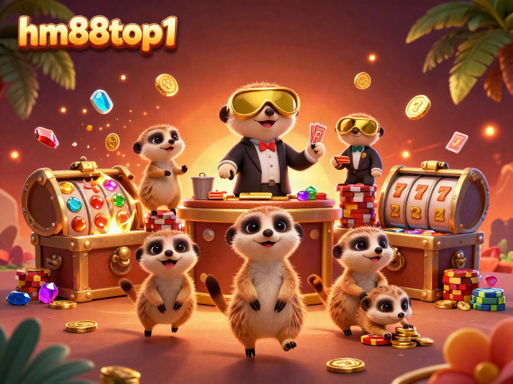 Experience the vibrant world of hm88top1's casino with playful meerkats, dynamic gaming elements, and engaging scenes.