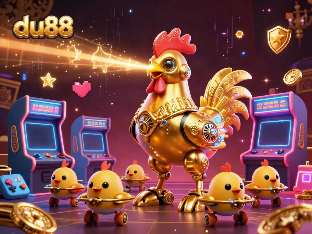 Experience the vibrant excitement of du88 with a futuristic scene featuring a golden rooster robot amidst dynamic gaming elements.
