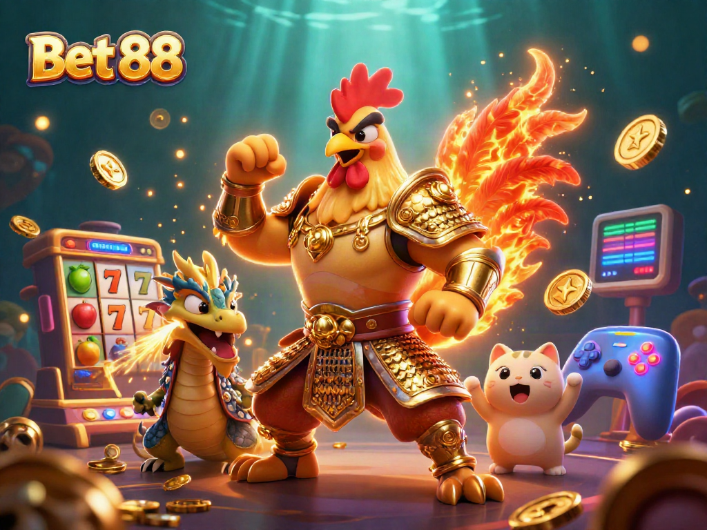 Bet 88 offers immersive slots with vibrant graphics featuring a samurai rooster and dragon.