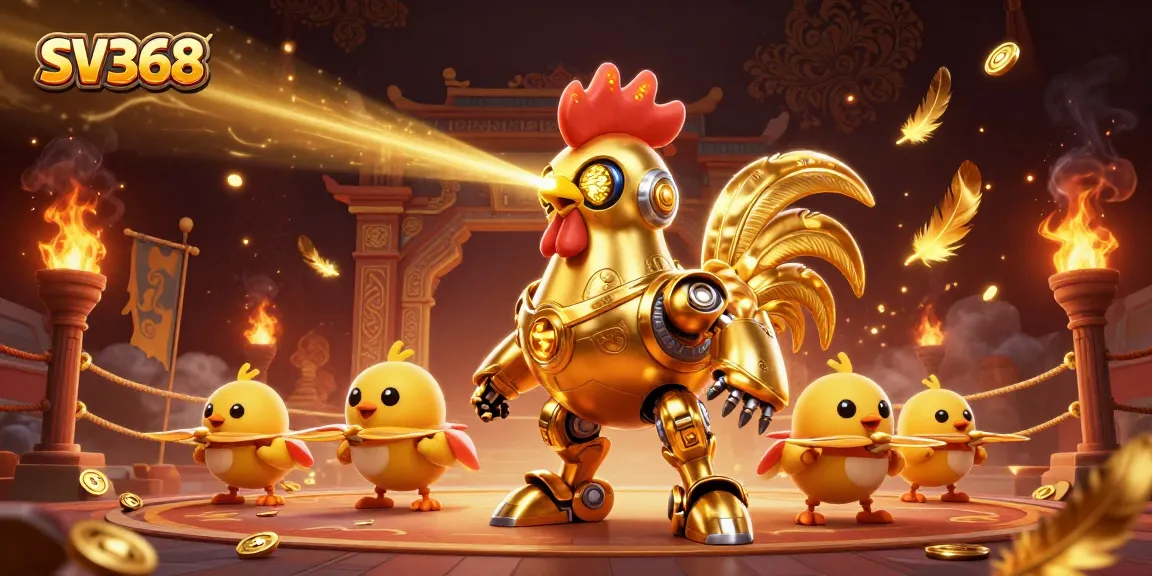 Laser-engraved golden patterns from SV368’s rooster robot guide players in an exciting casino adventure.
