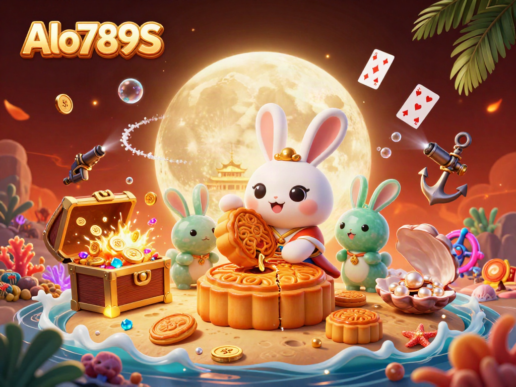 Alo789S moon rabbit character wins the jackpot by revealing poker chips inside mooncakes surrounded by gaming treasures.
