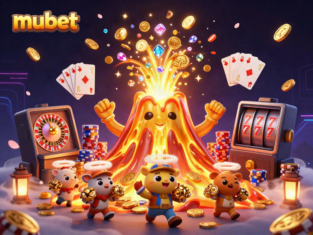 Experience the excitement of mubet with a vibrant scene of a golden volcano erupting coins, treasures, and casino games.