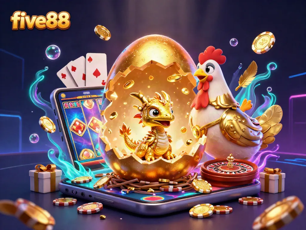 Engage with five88’s thrilling casino world, featuring a gold dragon and poker chips in action.