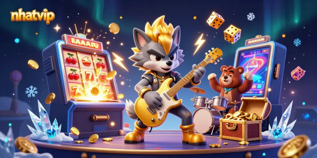 Nhatvip showcases a vibrant casino atmosphere with a rock star wolf, drummer bear, and jackpot excitement.