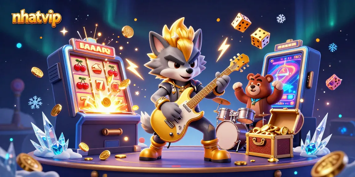 Nhatvip showcases a vibrant casino atmosphere with a rock star wolf, drummer bear, and jackpot excitement.