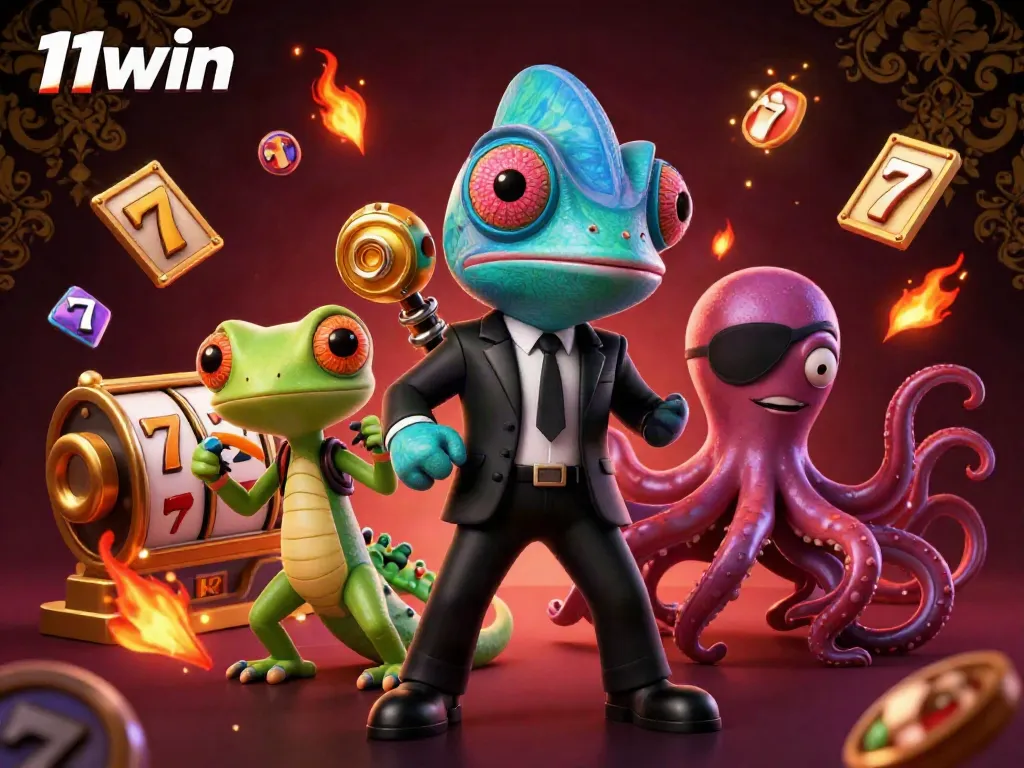 Engage with 11win's vibrant casino adventure showcasing slot reels, dynamic colors, and exciting characters.