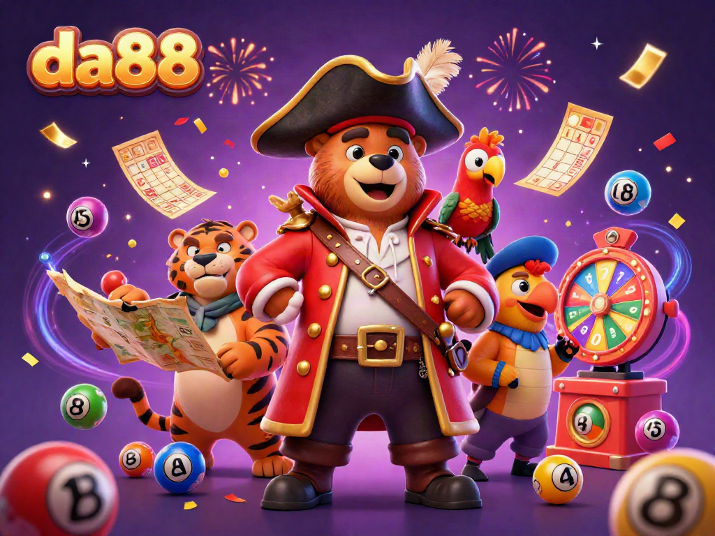 Experience thrilling gaming adventures at da88 with colorful elements and characters in a dynamic scene.