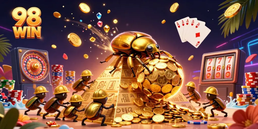Engage with 98 WIN as golden beetles roll coins in a vibrant casino scene.